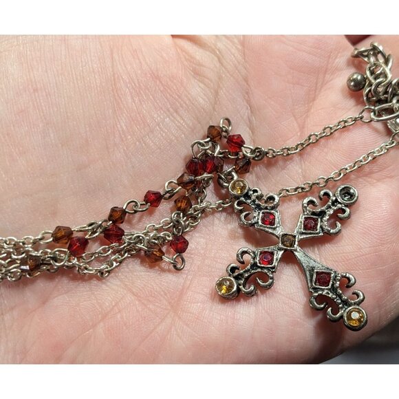 Gothic Medieval Red And Yellow Beaded Silver Tone Cross Necklace - Picture 3 of 6